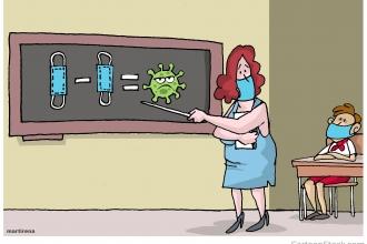 The new COVID math. A cartoon of a teacher wearing a mask pointing to a chalkboard explaining the importance of masks. The student also is wearing a mask.