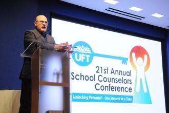 UFT President Michael Mulgrew greets the school counselors at the 2025 UFT School Counselors Conference
