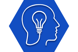 Blue hexagon with symbol of head and light bulb