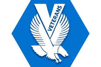 Blue hexagon with symbol of flying eagle and V with text "veterans" inside it