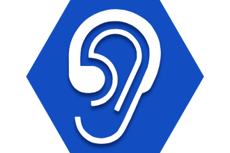 Blue hexagon with outline of ear