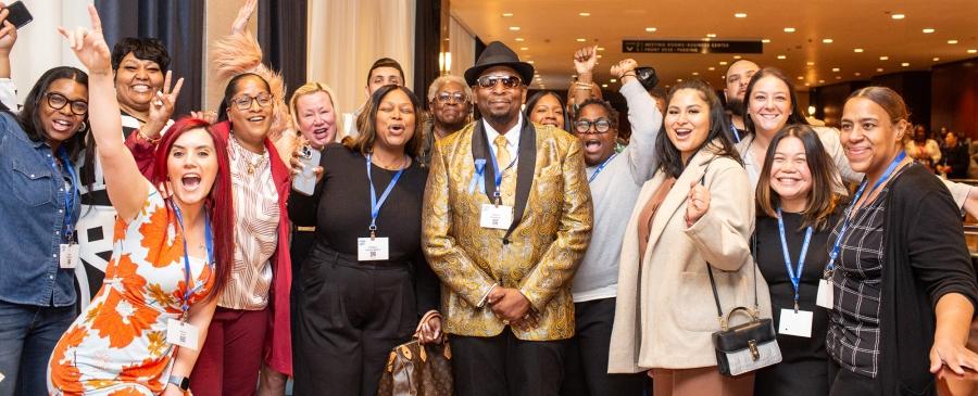 Humanitarian Award recipient Stephen Bradshaw, one of this year’s Humanitarian Award recipients and a paraprofessional at MS 217 in Queens, is celebrated by all the paraprofessionals at his school at the 2025 UFT Paraprofessionals Awards Luncheon on March 22, 2025.