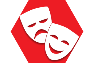 Red hexagon with symbol of drama masks representing UFT Players Committee